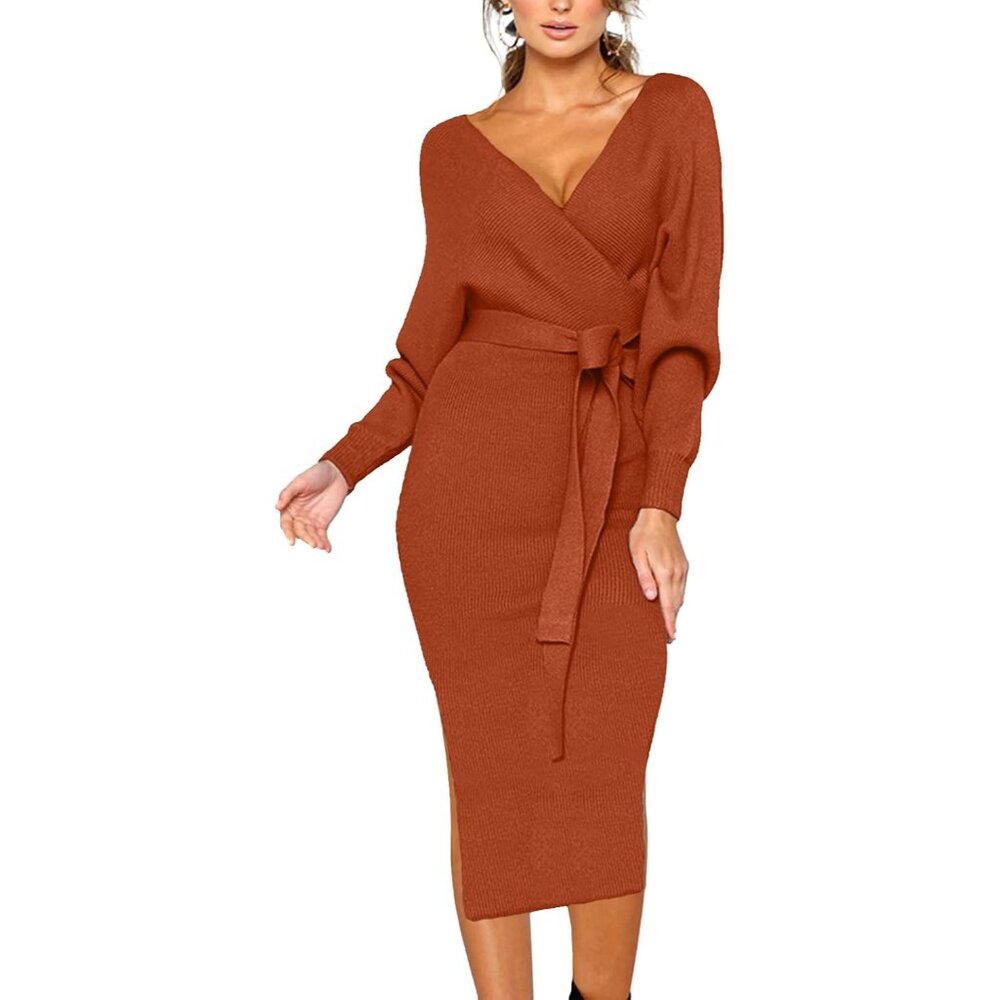 Flattering Women's Long Sleeve Batwing Sweater Dress - Burnt Brick Elegance